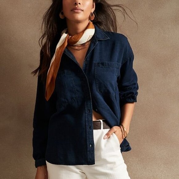 Women's Linen Button Down Shirt sz M -Midnight Blue - Picture 8 of 9